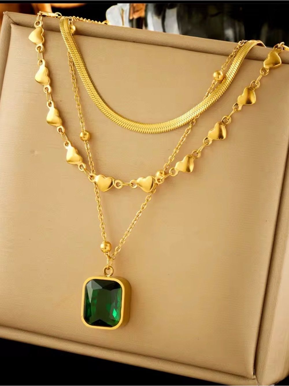 Gold-Tone Layered Heart Necklace with Emerald Green Pendant